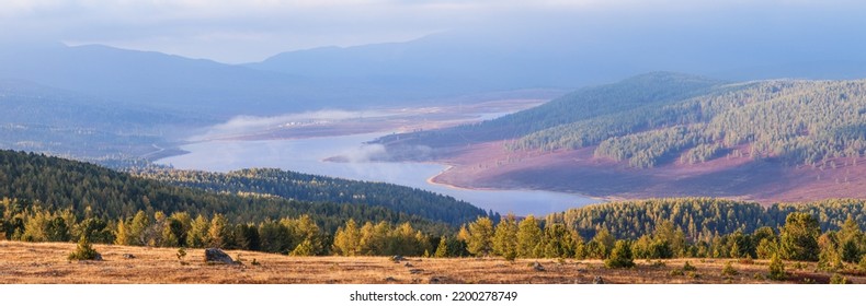 Mountain valley with lake, autumn view, panorama - Shutterstock ID 2200278749