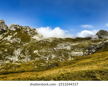 mountain valley under the clouds. lonely mountain hut. lush greenery. mountain landscape. in the clouds. nature background. Log pod Mangartom - Powered by Shutterstock