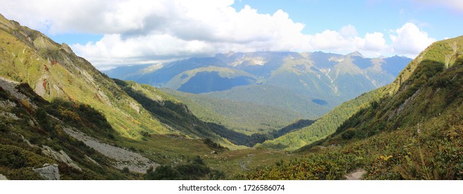 mountain valley view with clouds