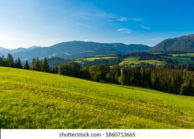 Mountain valley village landscape in Salzkammergutberge Alps . Mountain green valley village view austria near hallstatt