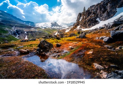 Mountain valley water landscape. Mountain hill valley snow. Valley snow in mountains. Mountain landscape snow