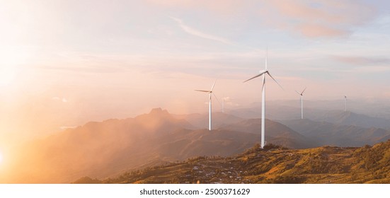 Mountain valley with wind turbine at colorful sunrise. Ecological energy concept - Powered by Shutterstock