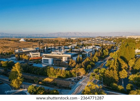 MOUNTAIN VIEW, CA - AUGUST 29, 2022: Googleplex - Google Headquarters office buildings seen in an aerial view.