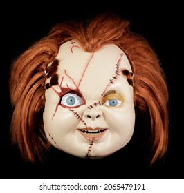 Mountain View, California - October 18, 2021: Stitched Chucky Mask from Child's Play Slasher Film Franchise.