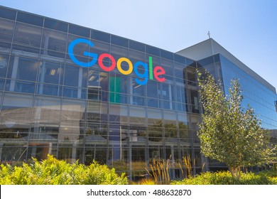 Mountain View, California, USA - August 15, 2016: Google sign on one of the Google buildings. Google is an American multinational corporation specializing in Internet services and products.