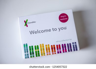 MOUNTAIN VIEW, CALIFORNIA / USA - December 10, 2018: 23andMe Personal Genetic, DNA Ancestry And Health Test, Saliva Collection Kit With Tube, Box And Instructions On The Table, Overhead View