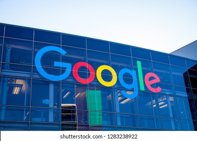 MOUNTAIN VIEW, CALIFORNIA, USA - JANUARY 11, 2019: Google logo in Googleplex, main campus in Silicon Valley. Google is an American corporation specializing in Internet-related services and products. 
