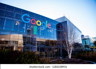 MOUNTAIN VIEW, CALIFORNIA, USA - JANUARY 11, 2019: Google logo in Googleplex, main campus in Silicon Valley. Google is an American corporation specializing in Internet-related services and products. 