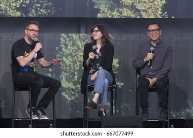 Mountain View, CA/USA: 6/25/17: Chris Hardwick Interviews Portlandia Stars Fred Armisen And Carrie Brownstein At ID10T Festival.  