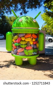 Mountain View, CA/USA - May 21, 2018: Android Robot In A Googleplex Building Complex, The Corporate Headquarters Complex Of Google And Its Parent Company Alphabet Inc. 