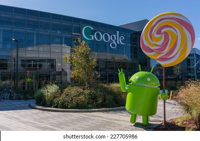 MOUNTAIN VIEW, CA/USA - NOV 2, 2014: Android Lollipop replica in front of Google office. It is a multinational company specializing in Internet related services and products.