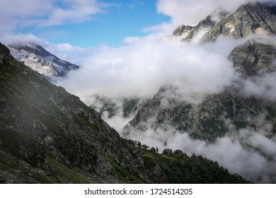 Mountain view with clouds and  sun