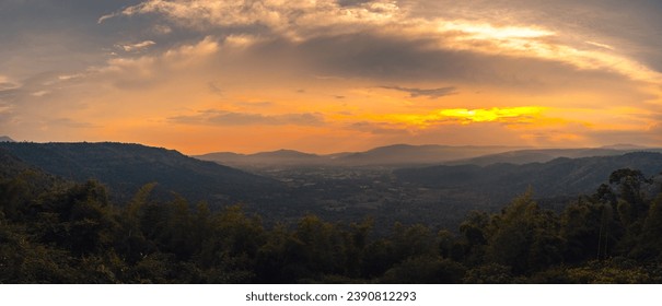 Mountain view with sunset background.