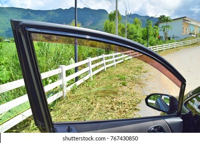 Mountain View Through The Car Door, View From Car Window.