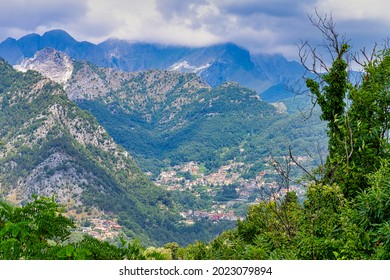 Mountain Village In The Province Of Massa And Carrara Italy, Marble Quarry, Dramatic Sky