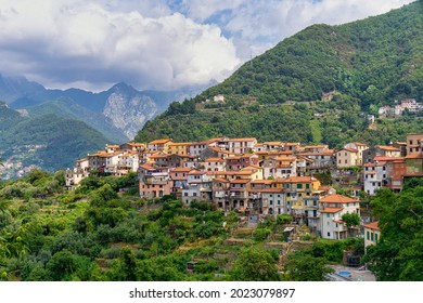 Mountain Village In The Province Of Massa And Carrara Italy, Marble Quarry, Dramatic Sky