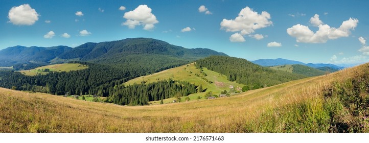 Mountain Village. Summer Country Landscape With Fir Forest On Slope (Carpathians, Ukraine).