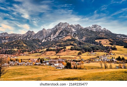 Mountain village in a mountain valley. Mountain village landscape. Village in mountains