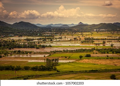 Mountain With Warm Light Khao Ngoo, Thailand. View Of Spring Landscape. Tone Flim Grain.