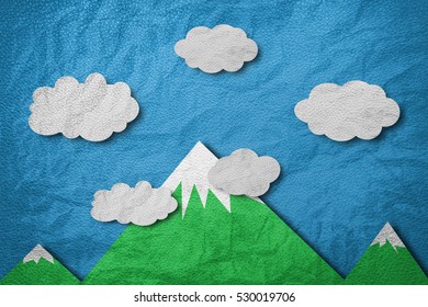 Mountain With White Cloud And Blue Sky, Leather Paper Cut Style