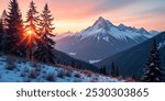 Mountain winter landscape at sunset. Background, nature, winter.