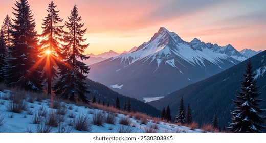 Mountain winter landscape at sunset. Background, nature, winter. - Powered by Shutterstock