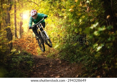 Mountainbiker rides in autumn forest