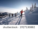 Mountaineer backcountry ski waling in the mountains. Ski touring in high alpine landscape with snowy trees. Adventure winter extreme sport.