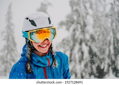 Mountaineer Backcountry Ski Waling Two Ski Alpinist In The Mountains. Ski Touring In Alpine Landscape With Snowy Trees. Adventure Winter Sport.