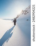 Mountaineer backcountry ski walking ski alpinist in the mountains. Ski touring in alpine landscape with snowy trees. Adventure winter sport. High tatras, Slovakia