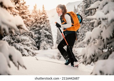 Mountaineer backcountry ski walking ski alpinist in the mountains. Ski touring in alpine landscape with snowy trees. Adventure winter sport. - Powered by Shutterstock