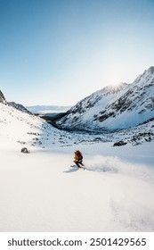 Mountaineer backcountry ski walking ski alpinist in the mountains. Ski touring in alpine landscape with snowy trees. Adventure winter sport. High tatras, Slovakia