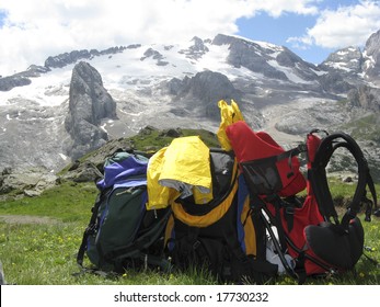 Mountaineering equipment with Marmolada glacier on the background