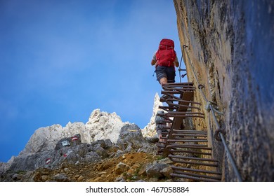 Mountaineering On Ellmauer Halt In Austria / Stairway To Heaven / Climbing Men