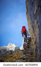 Mountaineering On Ellmauer Halt In Austria / Stairway To Heaven / Climbing Men