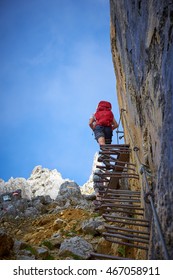 Mountaineering On Ellmauer Halt In Austria / Stairway To Heaven / Climbing Men