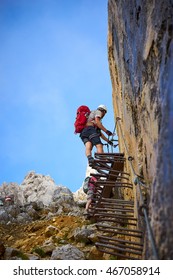 Mountaineering On Ellmauer Halt In Austria / Stairway To Heaven / Climbing Men