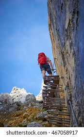 Mountaineering On Ellmauer Halt In Austria / Stairway To Heaven / Climbing Men