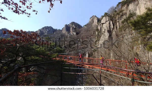 Mountaineers enjoying winter hiking / People\
crossing suspension bridges in the\
mountains.