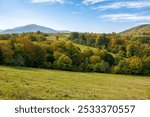 mountainous countryside landscape of ukraine in autumn. outdoor adventure on a sunny day. rural fields on forested hills. nice scenery of carpathian mountains in fall season