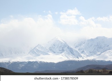 Mountains. Beautiful Russian Nature Of Altai Krai, Russia. Forests And Mountains With Snowy Peaks. Landscape, View, Scenery, Landmark Of Altai Krai, Russia. Tourism, Travel In Altai Krai. Altai Hiking