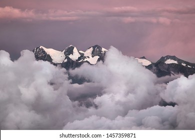 Mountains Between Clouds, Pico Cristobal Colon, Pico Simon Bolivar, Highest Peaks Of Colombia At 5700 Meters Of Elevation With Snow On Top