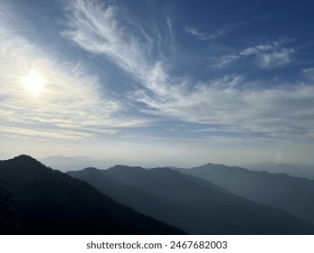 Mountains and the blue sky.