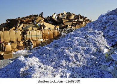 Mountains Of Bundled Cardboard And Shredded Paper At A Recycling Facility