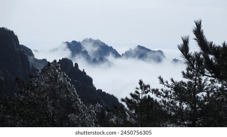 mountains in the clouds and mist