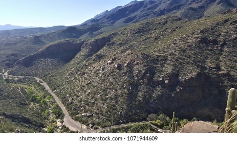 mountains, desert and cactus fields in Sabino Canyon, Catalina Mountains, Tucson, Arizona on a bright clear day