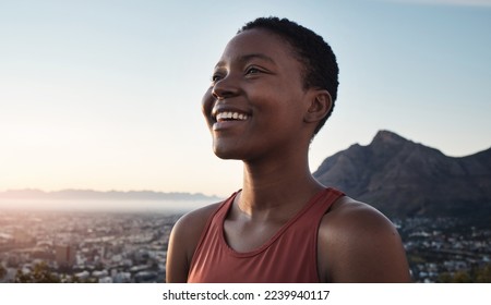 Mountains, fitness and black woman smile for training success, wellness goals and outdoor achievement on blue sky mockup. Morning runner, sports or athlete in nature with cityscape for mental health - Powered by Shutterstock