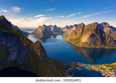 Mountains and fjords around the Reine fishing village in Lofoten islands, Norway viewed from the Mt. Reinebringen.