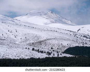 Mountains With Fresh Snow And Treeline Of Pines At Their Feet. Sierra De Guadarrama, Madrid, Spain.