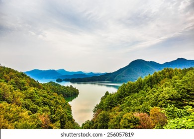 Mountains With Green Trees And Lake Landscape In South Korea